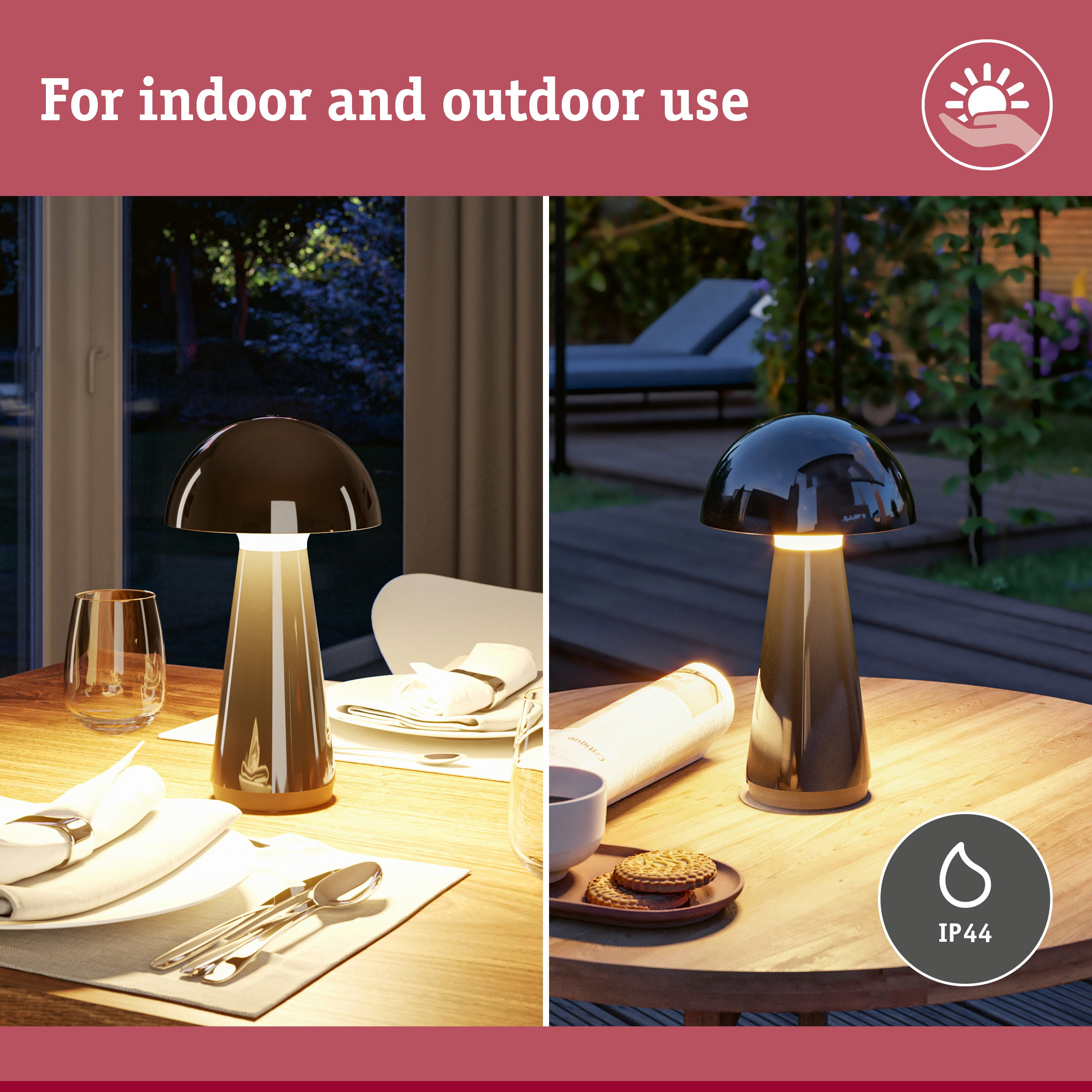 Modern black table lamp with IP44 rating for indoor and outdoor use, perfect for garden and living room