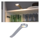 Modern silver LED under-cabinet light with warm white illumination for kitchen shelf lighting