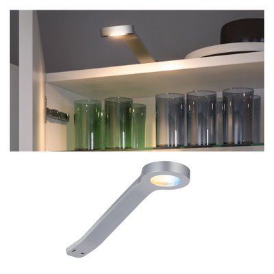 Modern silver LED under-cabinet light with warm white illumination for kitchen shelf lighting