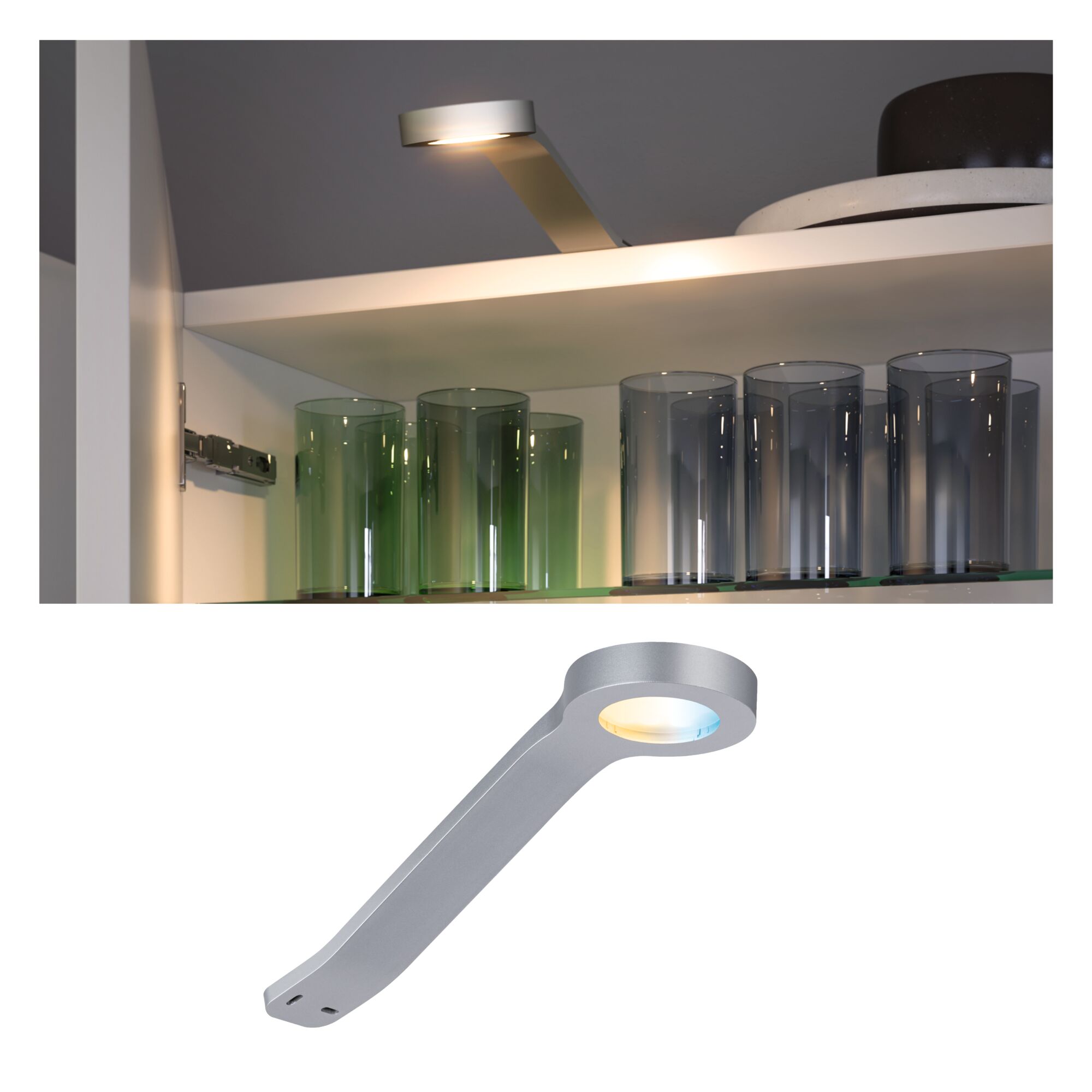 Clever Connect Spot LED Mike Tunable White 2W Chrome mat Lampe LED sous meuble argentée moderne avec lumière blanc chaud pour éclairage d'étagère de cuisine