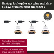 Trois spots encastrés avec anneau en bois et intérieur noir, lumière LED blanc chaud, montage facile 230 V