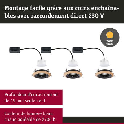 Trois spots LED encastrables avec anneau en bois et boîtier noir, lumière blanc chaud 2700K, profondeur 45 mm