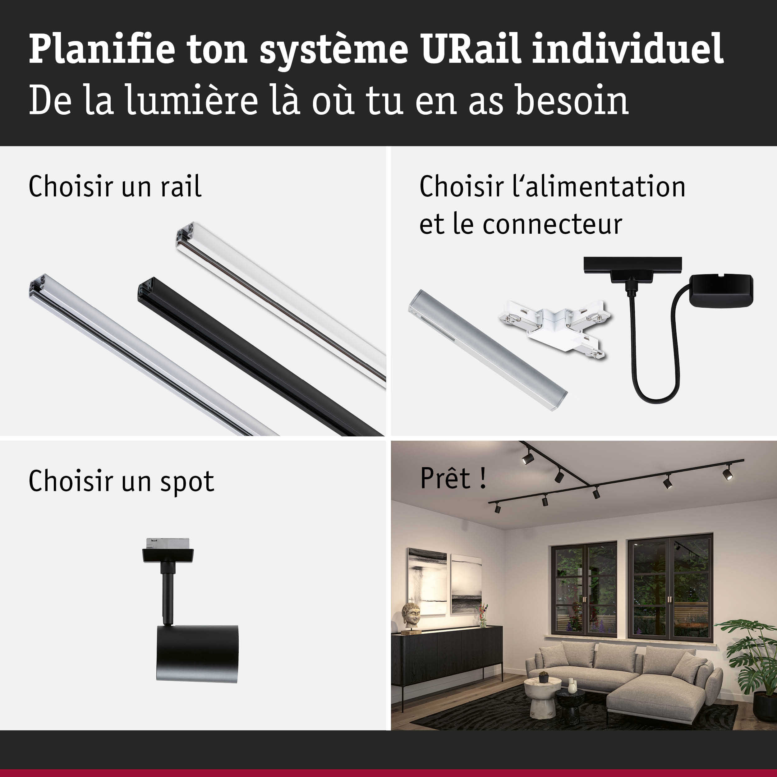 Système de rail URail modulaire en aluminium noir et blanc pour éclairage LED flexible.