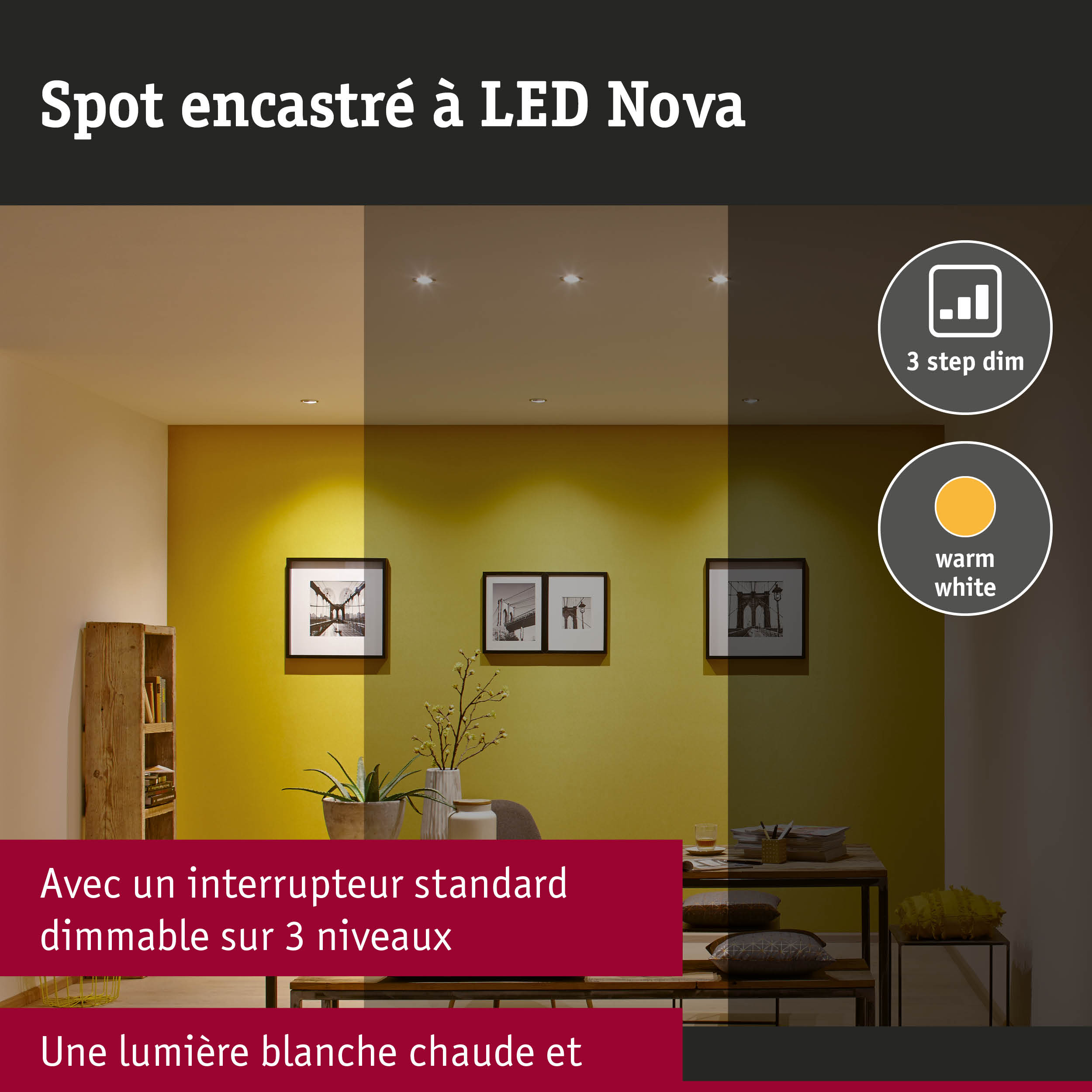 Spot encastré LED 3-Step-Dim Nova Kit de base fixe IP44 rond 78mm GU10 3x6,5W 3x460lm 230V gradable 2700K Acier brossé