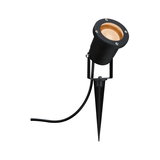 Black metal garden spotlight with ground spike and warm white LED light for outdoor lighting