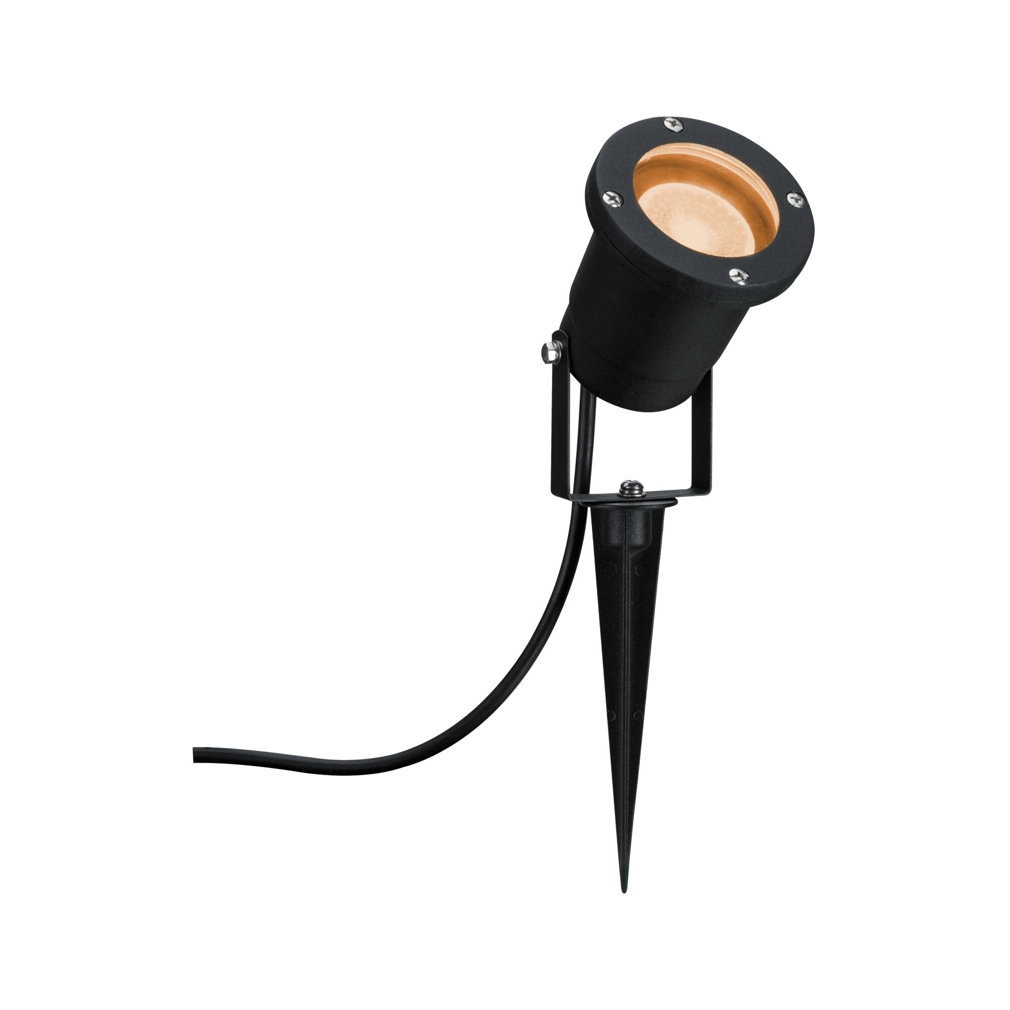 Black metal garden spotlight with ground spike and warm white LED light for outdoor lighting