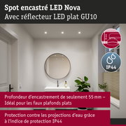 Spot encastré LED Nova avec réflecteur plat GU10, profondeur d’encastrement 55 mm, protection IP44 contre l’eau