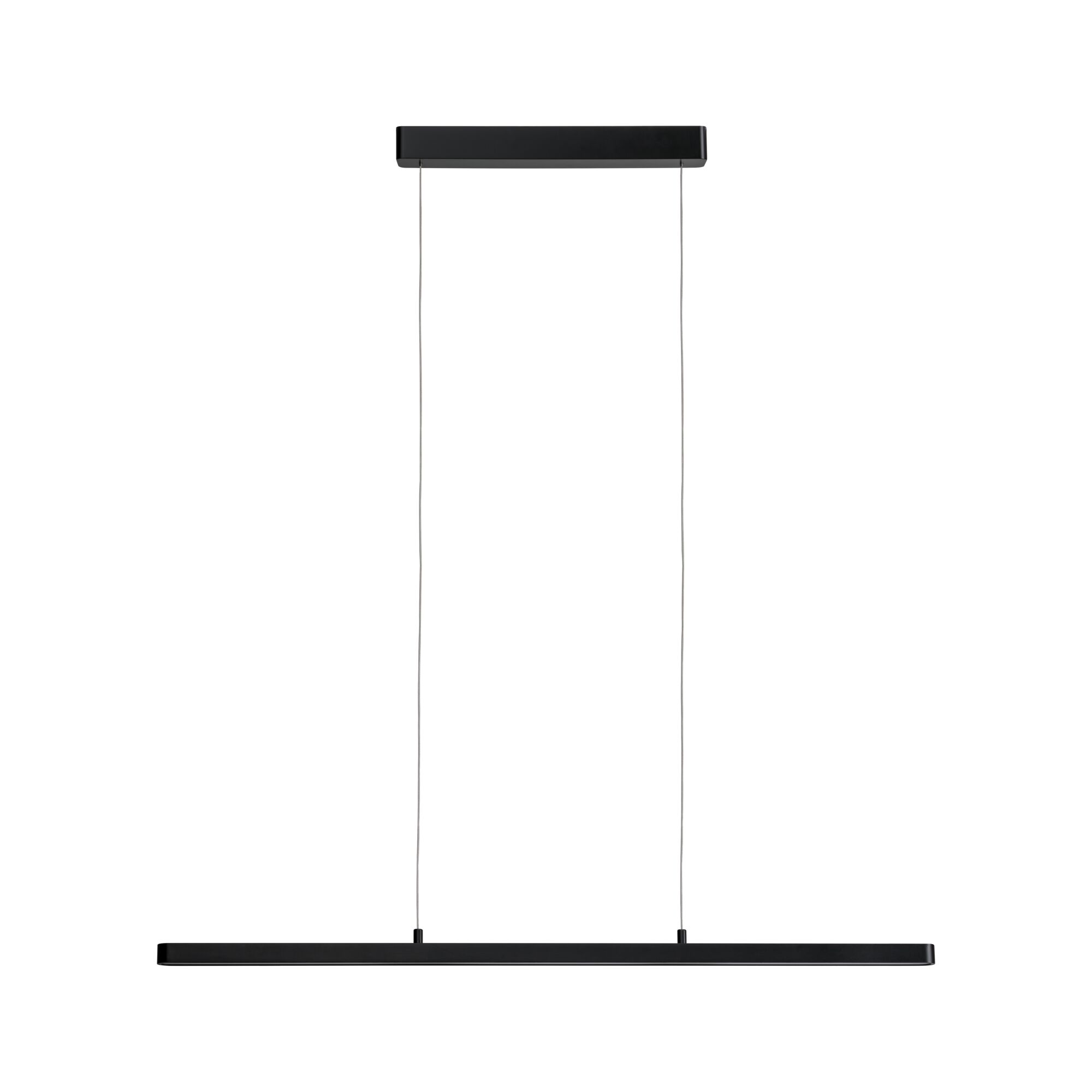 Black metal LED pendant light with slim design and two thin suspension cables for modern lighting solutions