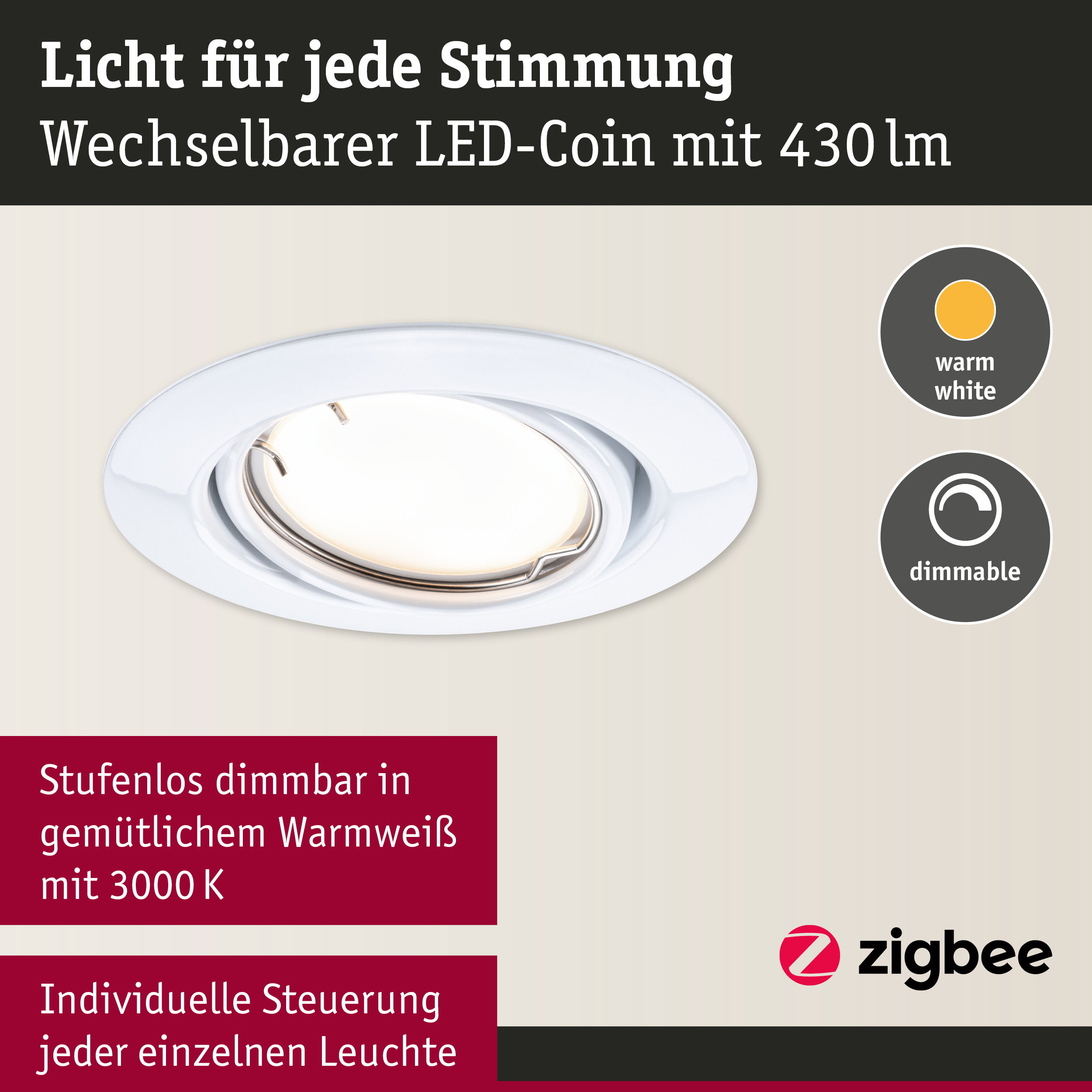Weißer LED-Einbaustrahler mit warmweißem Licht und dimmbarer Funktion für individuelle Beleuchtung