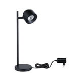 Black metal LED desk lamp with round base and power adapter for modern lighting solutions