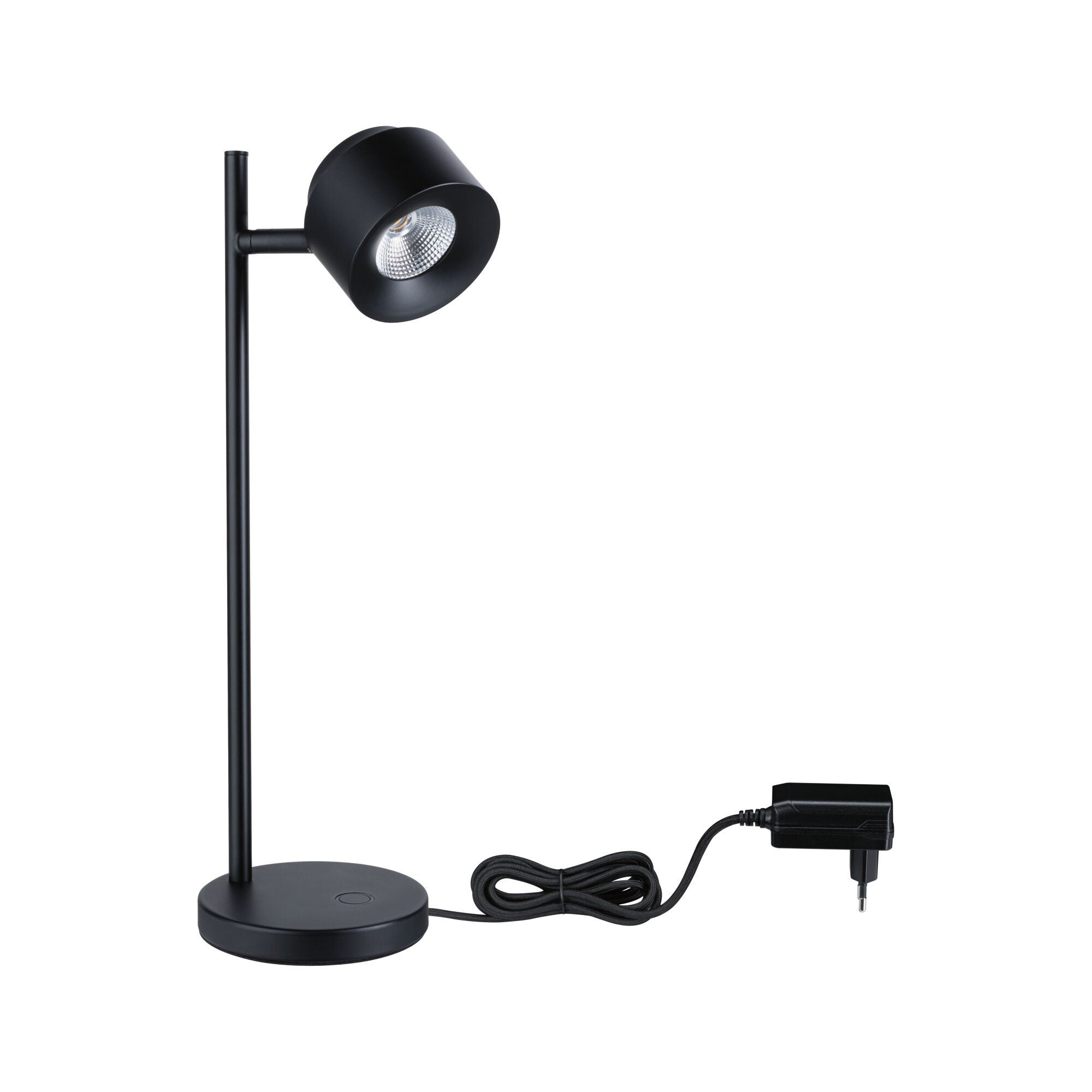 Zwarte metalen LED-bureaulamp met ronde voet en netadapter voor moderne verlichting