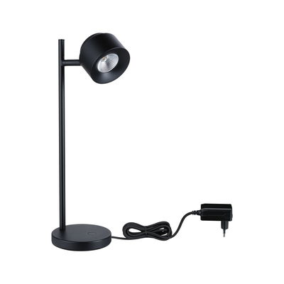 Zwarte metalen LED-bureaulamp met ronde voet en netadapter voor moderne verlichting