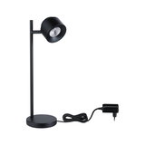Schwarze LED-Tischlampe aus Metall mit rundem Sockel und Netzstecker für modernes Lichtdesign