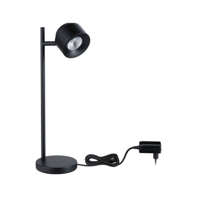 Sort LED skrivebordslampe i metal med rund fod og strømforsyning til moderne belysning