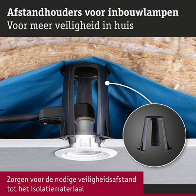 Zwarte kunststof afstandhouder voor inbouwlampen zorgt voor veiligheidsafstand tot isolatiemateriaal