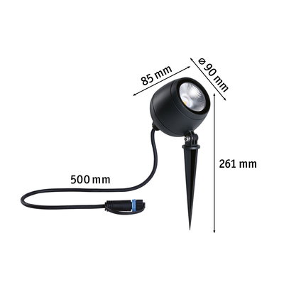 Black LED garden spotlight with ground spike and 500 mm cable, 90 mm diameter, 261 mm height