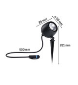 Schwarzer LED-Gartenstrahler mit Erdspieß und 500 mm Kabel, Maße 90 mm Durchmesser, 261 mm Höhe