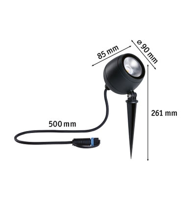 Schwarzer LED-Gartenstrahler mit Erdspieß und 500 mm Kabel, Maße 90 mm Durchmesser, 261 mm Höhe