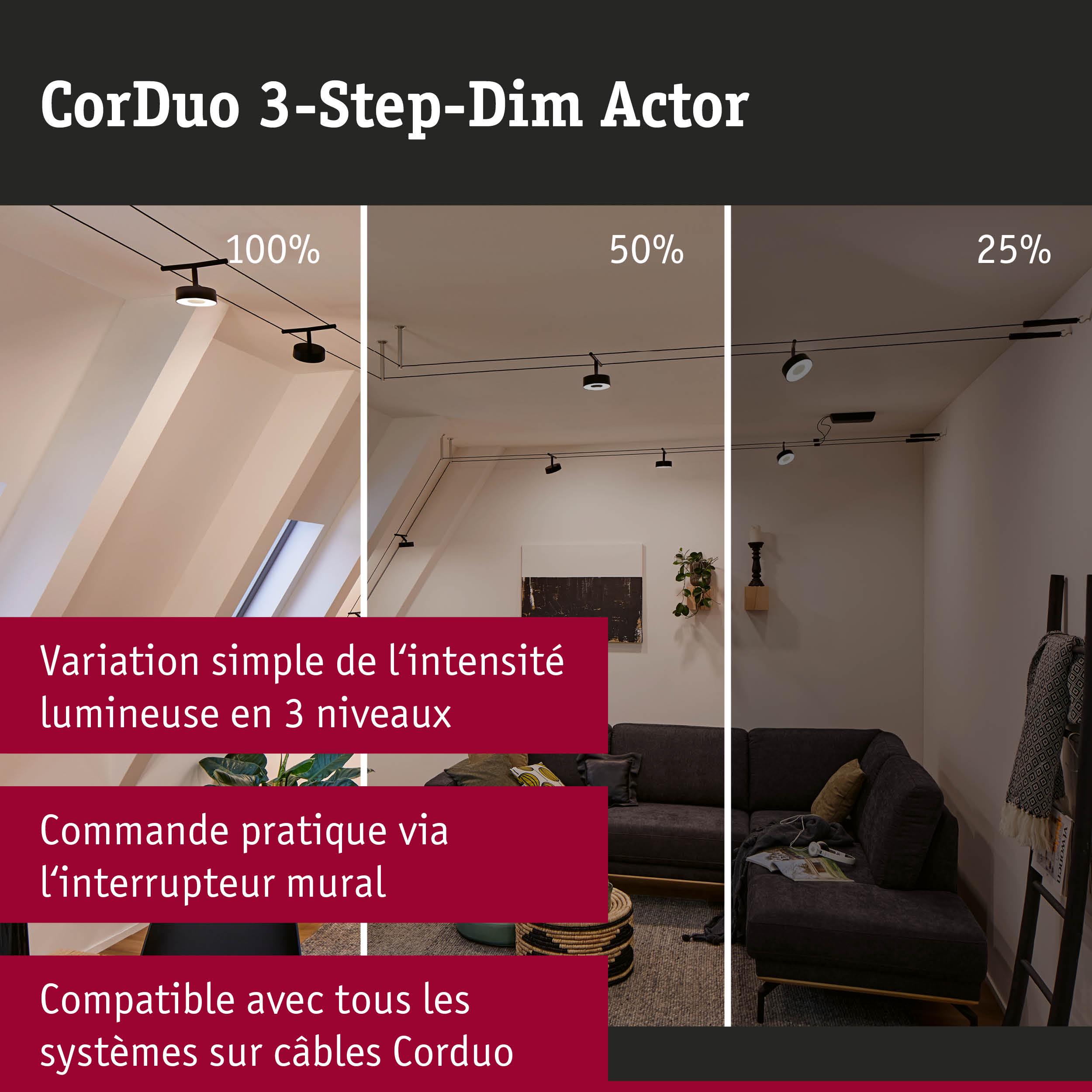 Projecteur LED noir CorDuo 3 niveaux de luminosité 100%, 50%, 25% dans un salon moderne