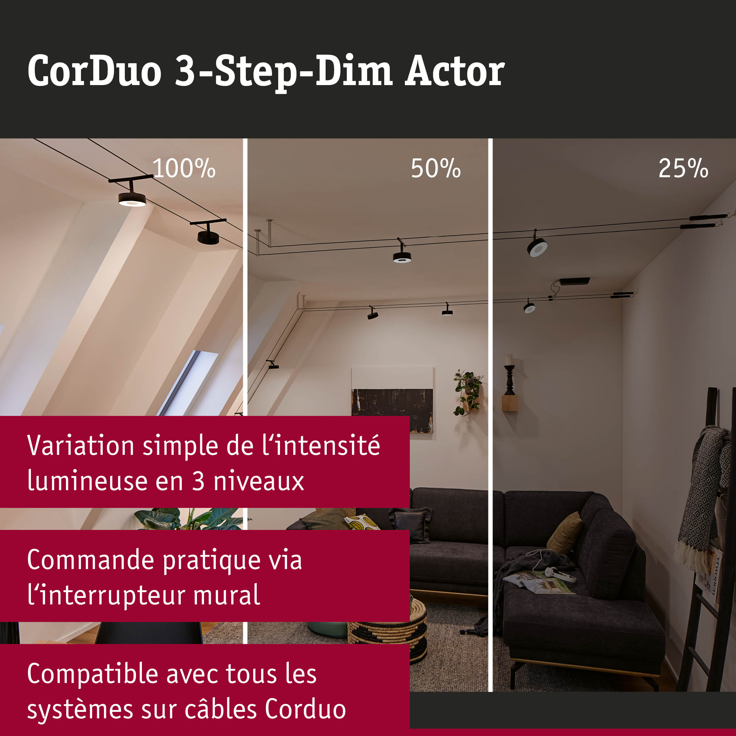 Luminaires de plafond CorDuo noirs à variateur 3 niveaux d'intensité dans un salon moderne