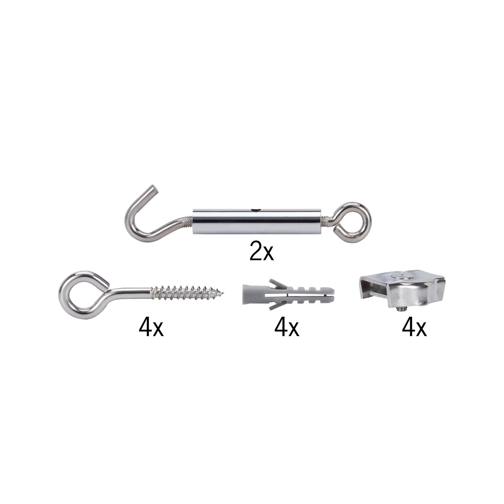 Set aus verchromten Metallhaken, Dübeln und Spannschlössern für Befestigung und Montage.