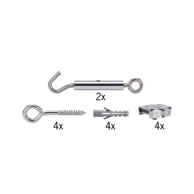 Set of chrome metal hooks, wall plugs, and turnbuckles for secure mounting and fixing.