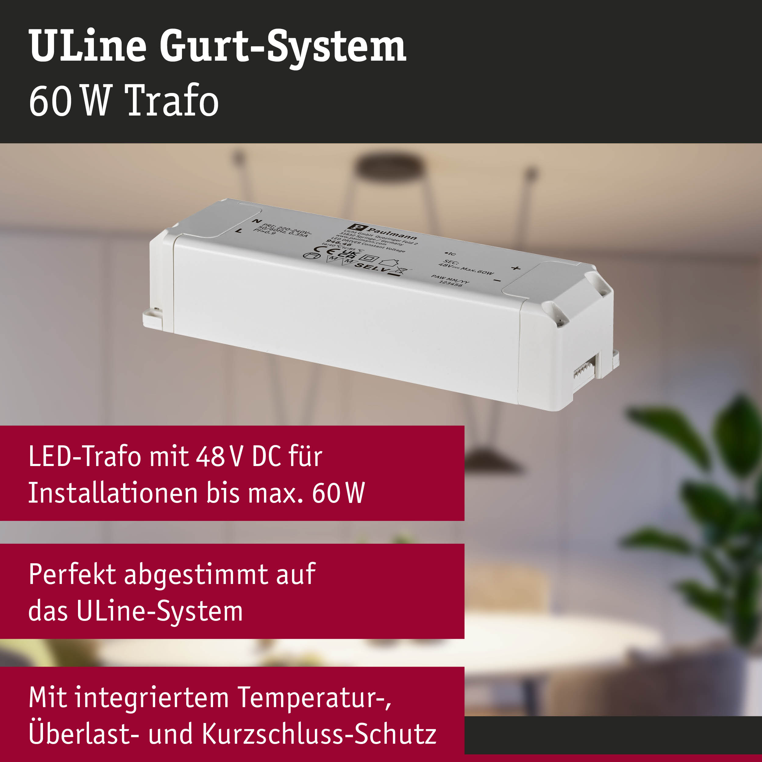 Weißes LED-Trafo mit 60 W Leistung für ULine Gurt-System, Schutz vor Überlast und Kurzschluss