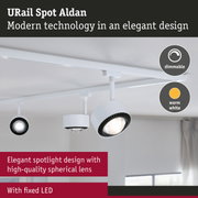 White URail Spot Aldan LED spotlight with dimmable warm white light and high-quality spherical lens
