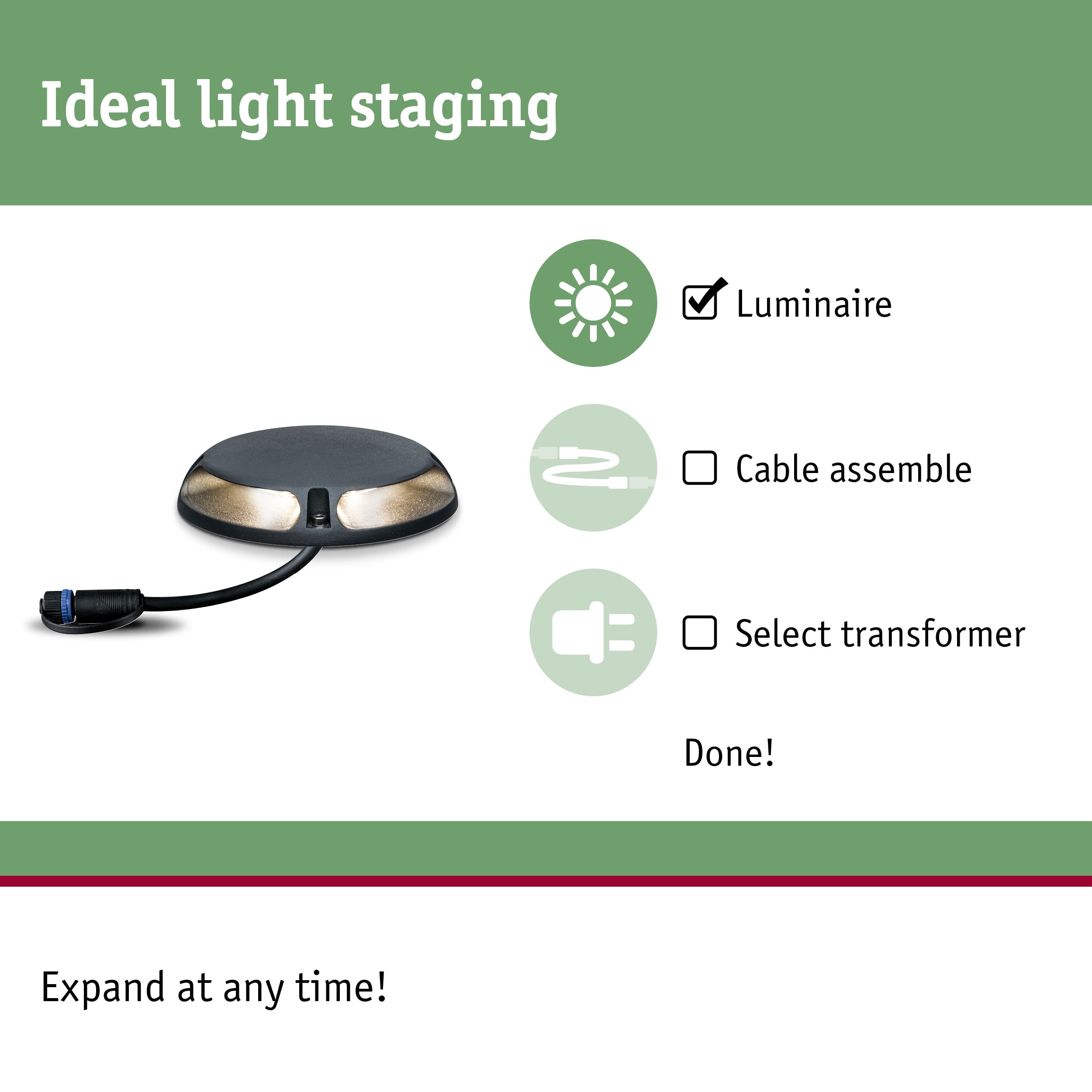 Round black LED ground recessed luminaire with cable for outdoor light staging