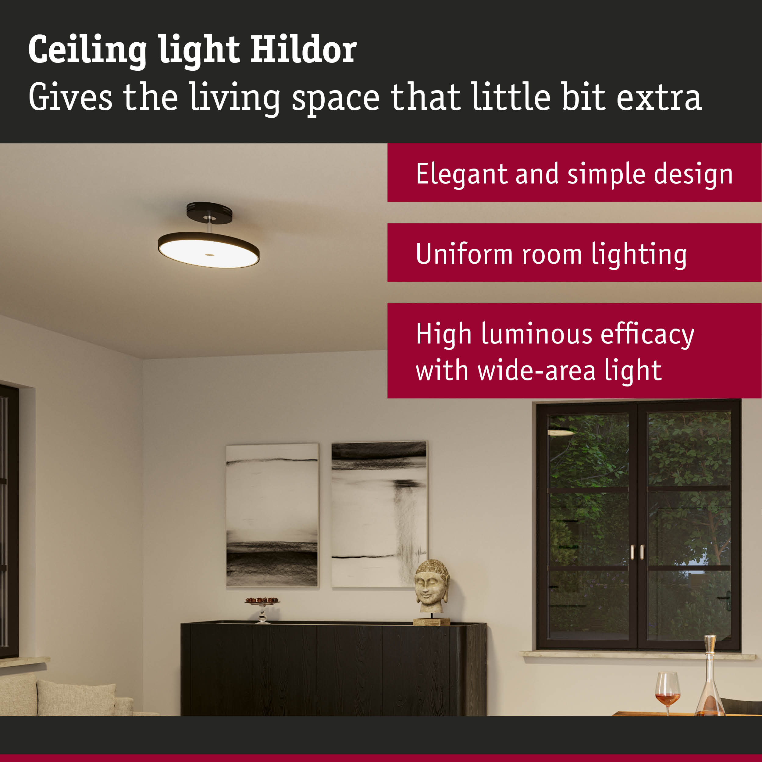 Ceiling light Hildor with elegant design and uniform room lighting in black and white finish