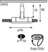 Teknisk tegning af indbygningsspot med 79 mm diameter og Easy Click montering.