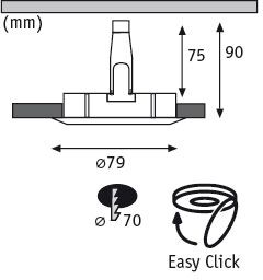 Teknisk tegning af indbygningsspot med 79 mm diameter og Easy Click montering.