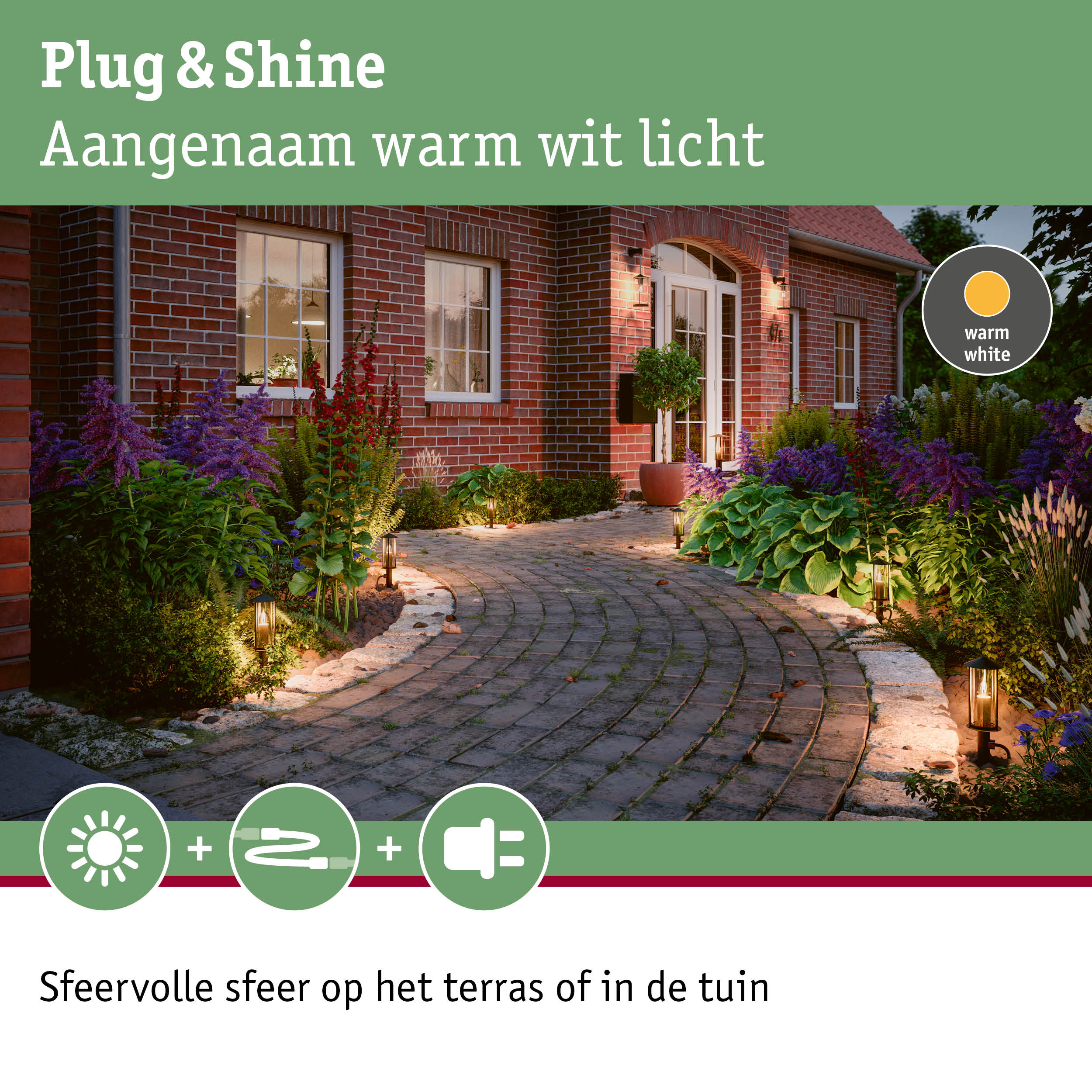 Buitenverlichting met warm wit licht bij bakstenen huis en tuinpad voor sfeervolle ambiance