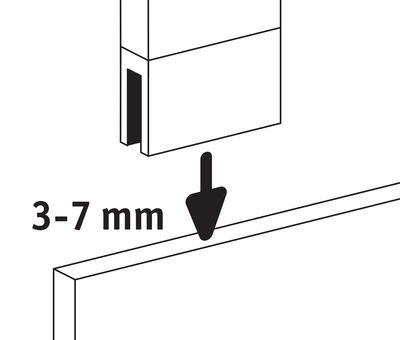 Technische tekening van rechthoekige spiegel met 3-7 mm glasdikte voor wandmontage.
