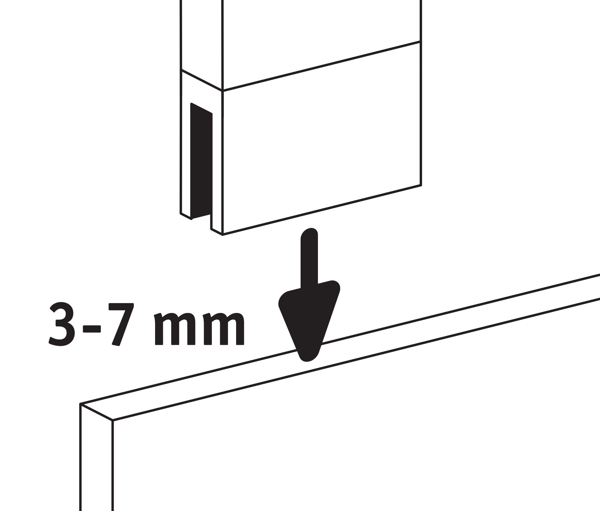 Technische tekening van rechthoekige spiegel met 3-7 mm glasdikte voor wandmontage.