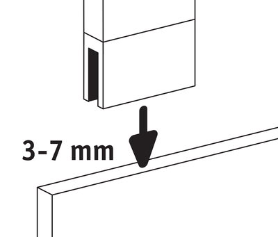 Technische tekening van rechthoekige spiegel met 3-7 mm glasdikte voor wandmontage.