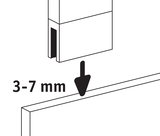 Technical drawing of rectangular mirror with 3-7 mm glass thickness for wall mounting.