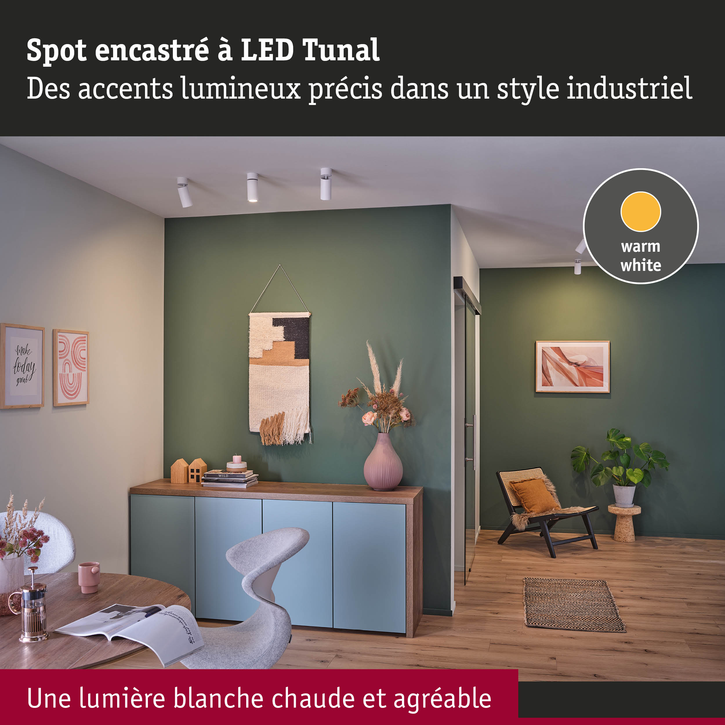 Spot LED blanc Tunal avec lumière blanc chaud pour des accents précis dans un style industriel