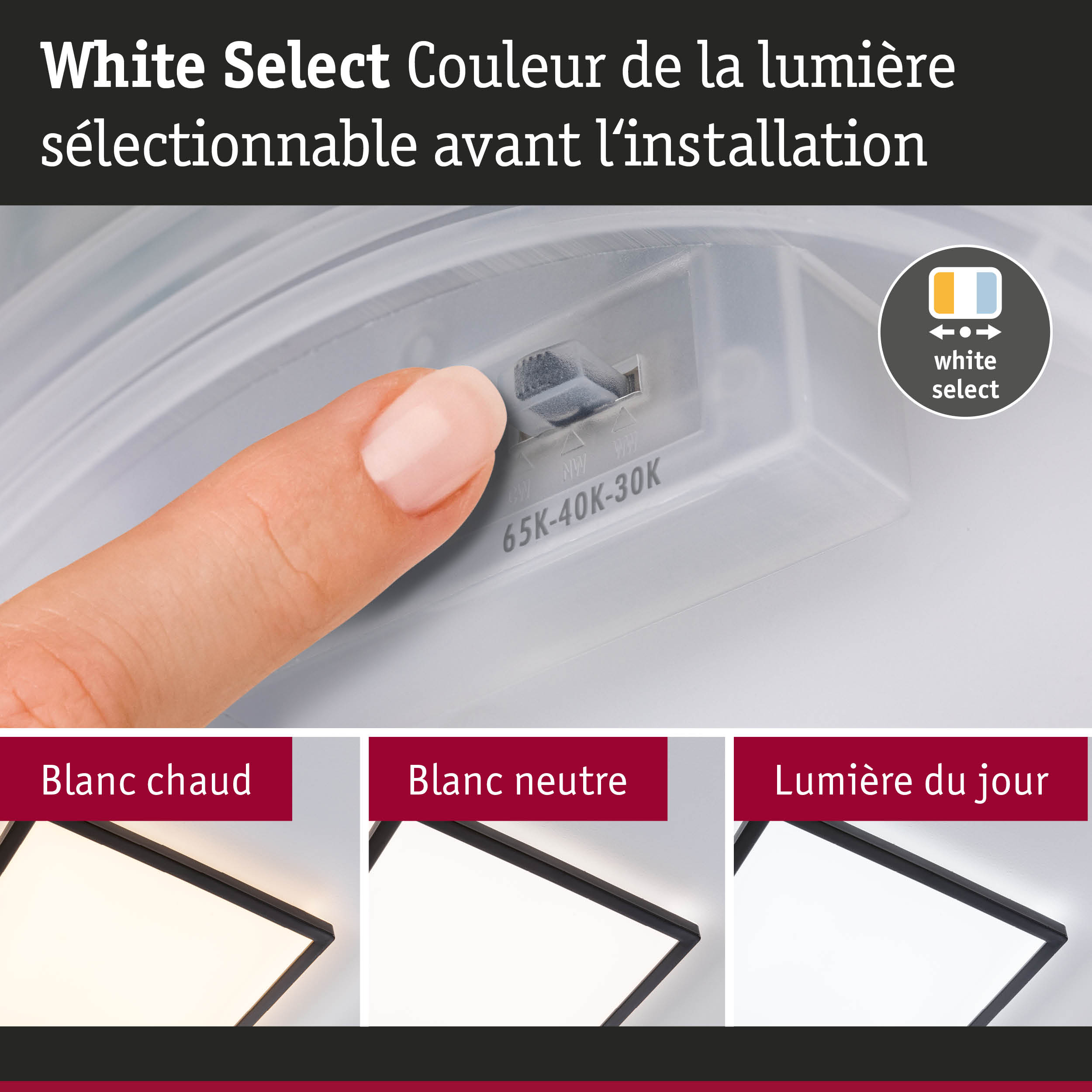 Doigt réglant la couleur de la lumière sur un interrupteur blanc avec trois plafonniers LED en blanc chaud, neutre et lumière du jour