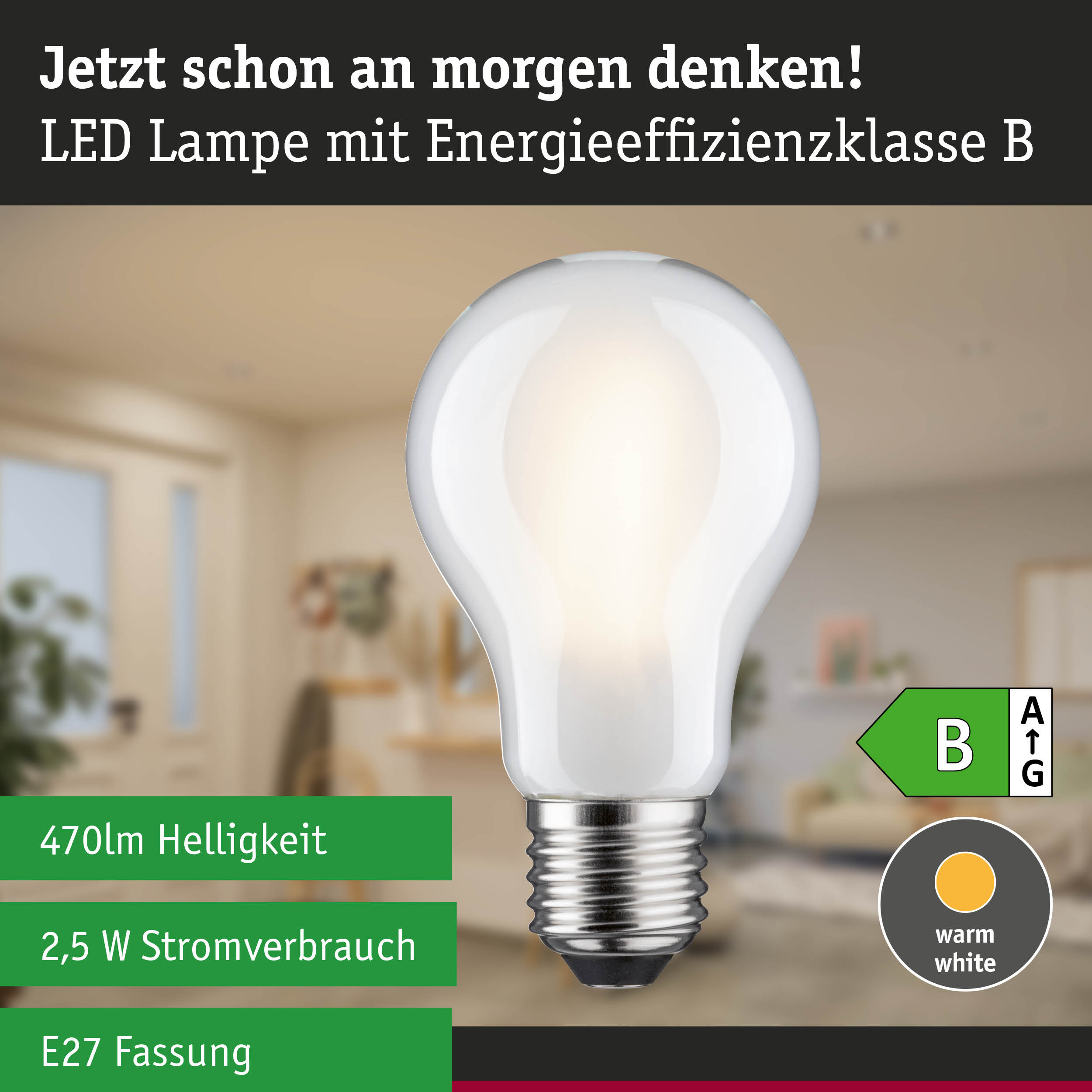 Weiße LED-Lampe mit E27-Fassung, warmweiß, dreistufig dimmbar, energieeffizient für nachhaltige Beleuchtung