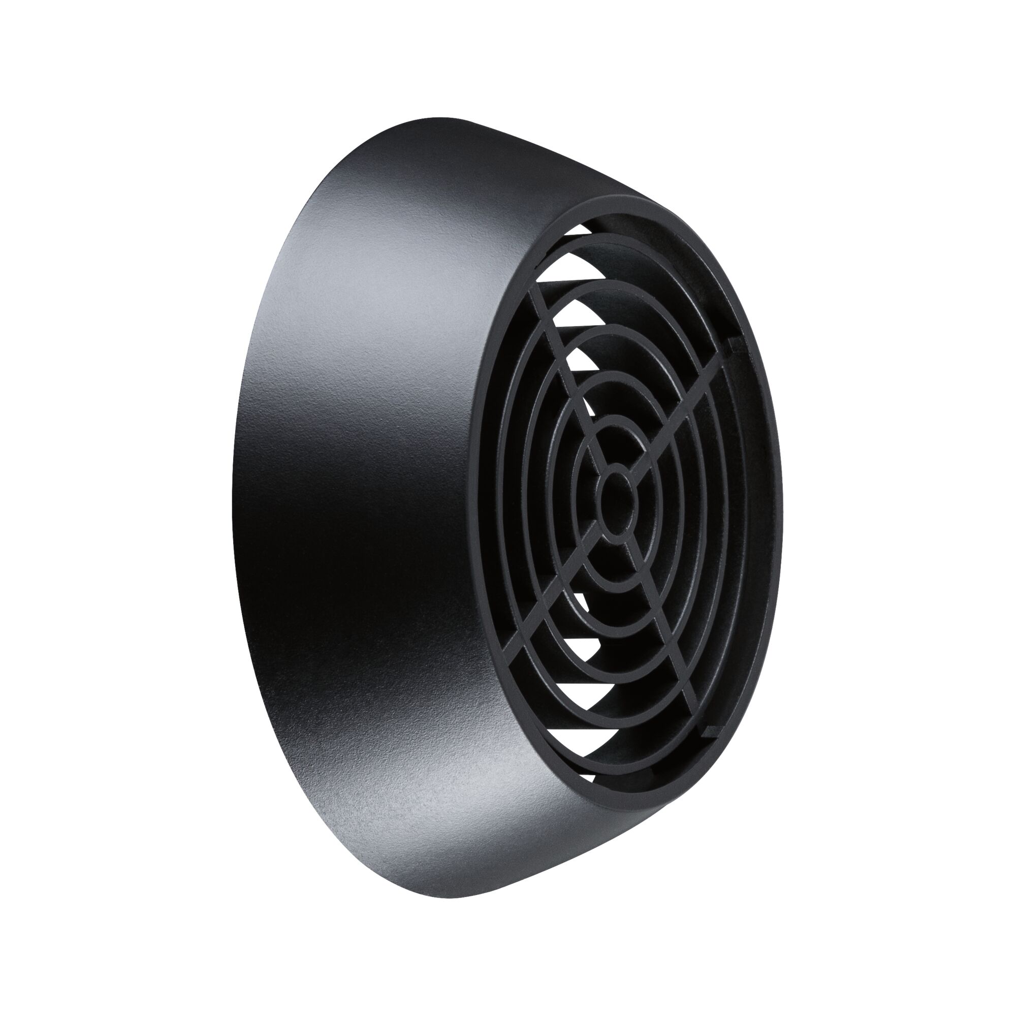 Ronde zwarte kunststof rooster met concentrische ringen voor ventilatie of bescherming