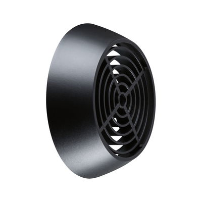 Ronde zwarte kunststof rooster met concentrische ringen voor ventilatie of bescherming