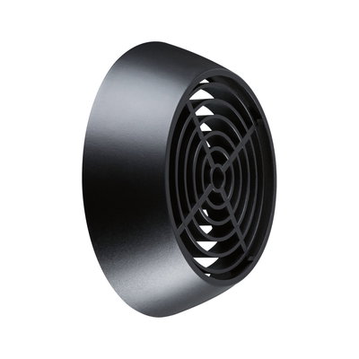 Round black plastic grille with concentric rings for ventilation or protection use