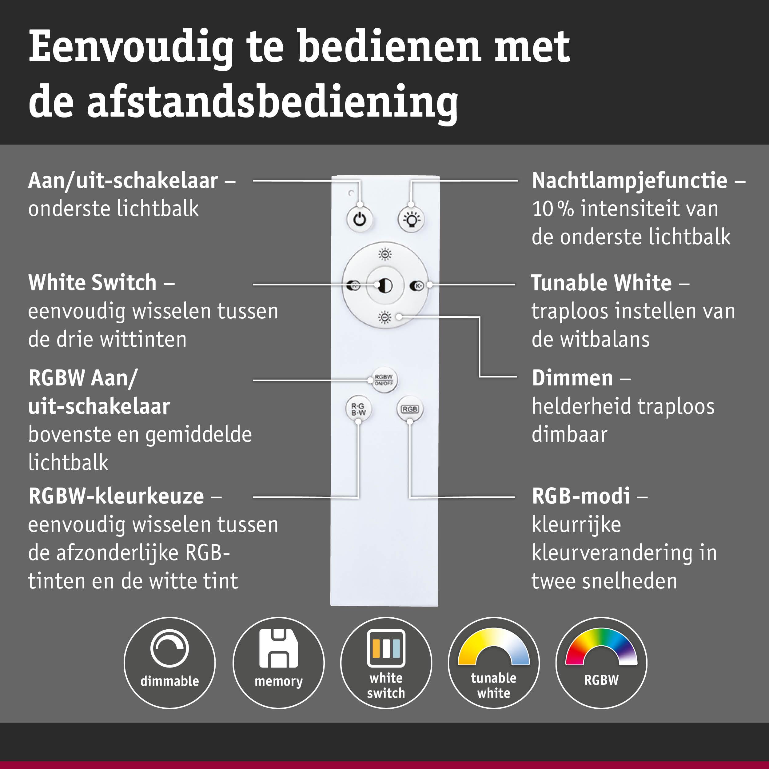 Witte afstandsbediening voor dimbare RGBW-verlichting met instelbare witbalans en geheugen