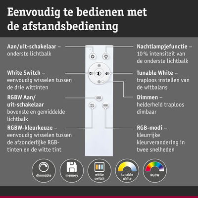 Witte afstandsbediening voor dimbare RGBW-verlichting met instelbare witbalans en geheugen