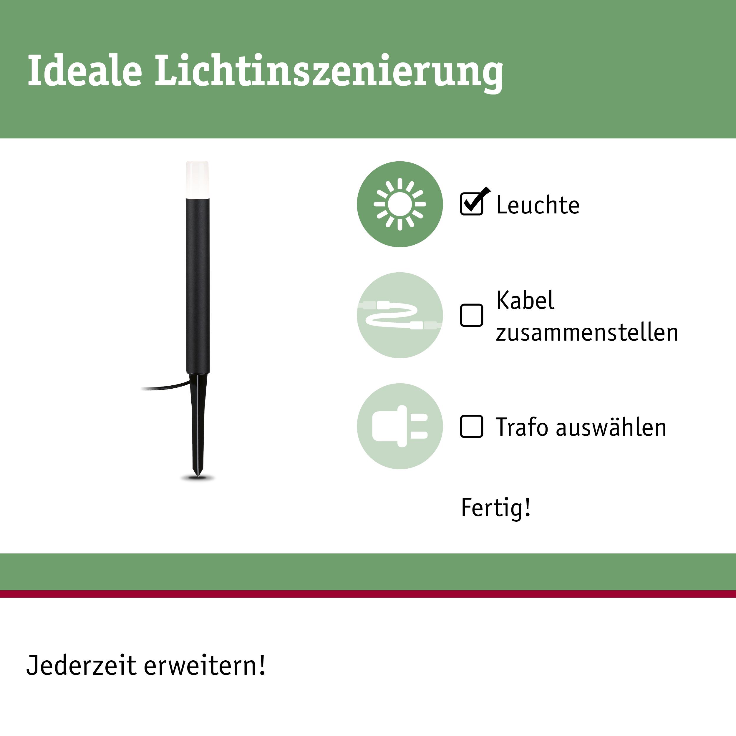 Schwarze LED-Gartenleuchte mit Erdspieß für einfache Installation und flexible Erweiterung im Außenbereich