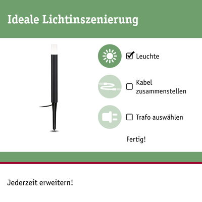 Schwarze LED-Gartenleuchte mit Erdspieß für einfache Installation und flexible Erweiterung im Außenbereich