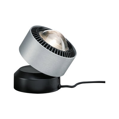 Modern LED spotlight with silver aluminum housing and black base for accent lighting