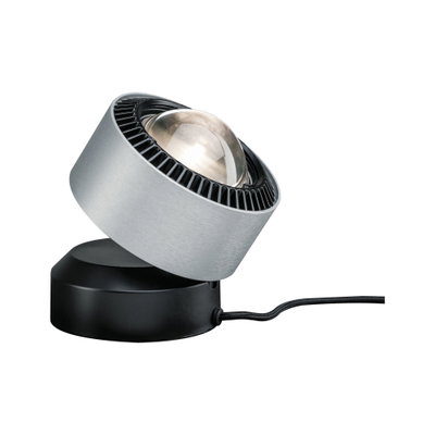 Projecteur LED moderne avec boîtier en aluminium argenté et base noire pour éclairage d'accent