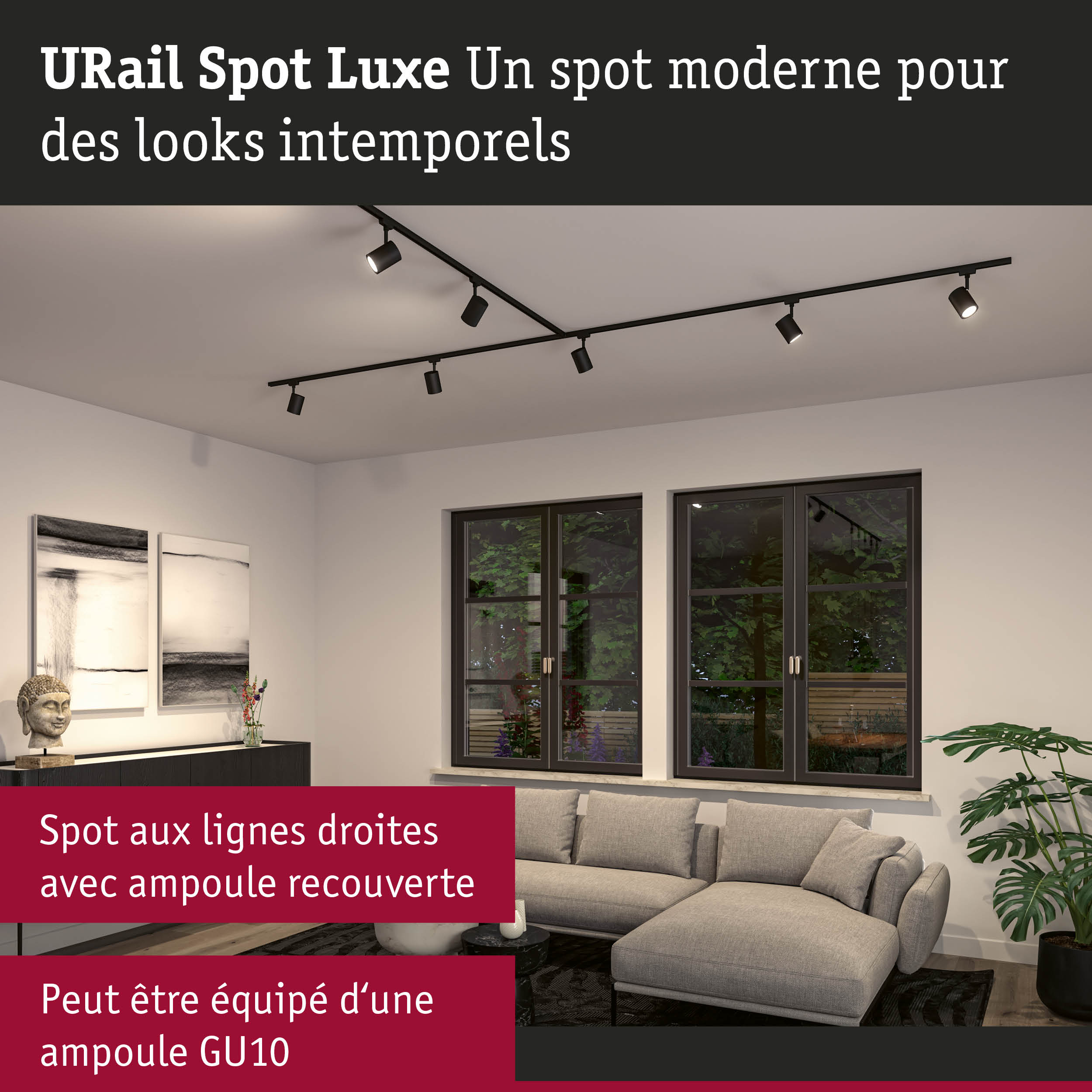 URail Spot Luxe lampe sur rail noire avec six spots dans un salon moderne avec canapé gris